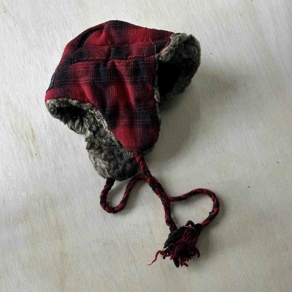 Y2K American Eagle Hat Trapper Mens L XL Red Plaid Faux Fur Ear Flap Winter
